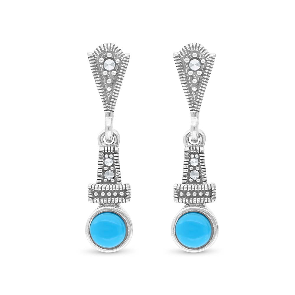 Sterling Silver 925 Earring Embedded With Natural Processed Turquoise And Marcasite Stones