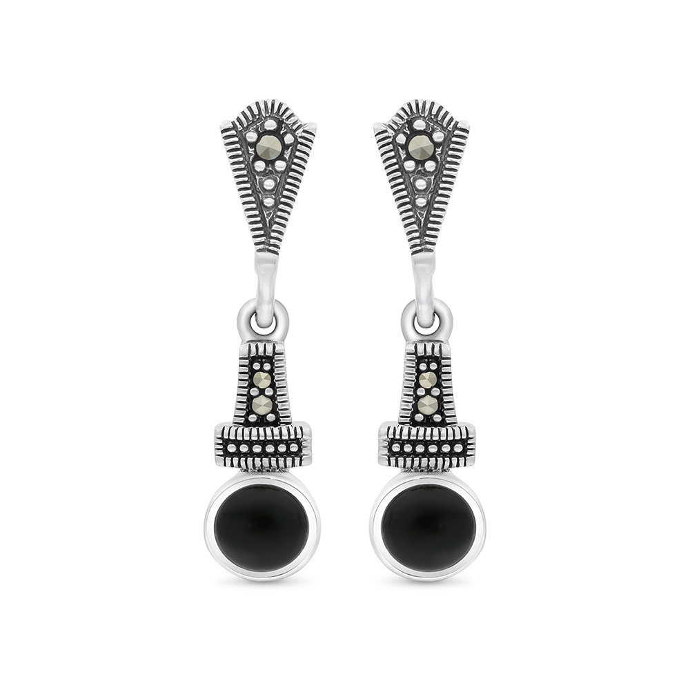Sterling Silver 925 Earring Embedded With Natural Black Agate And Marcasite Stones