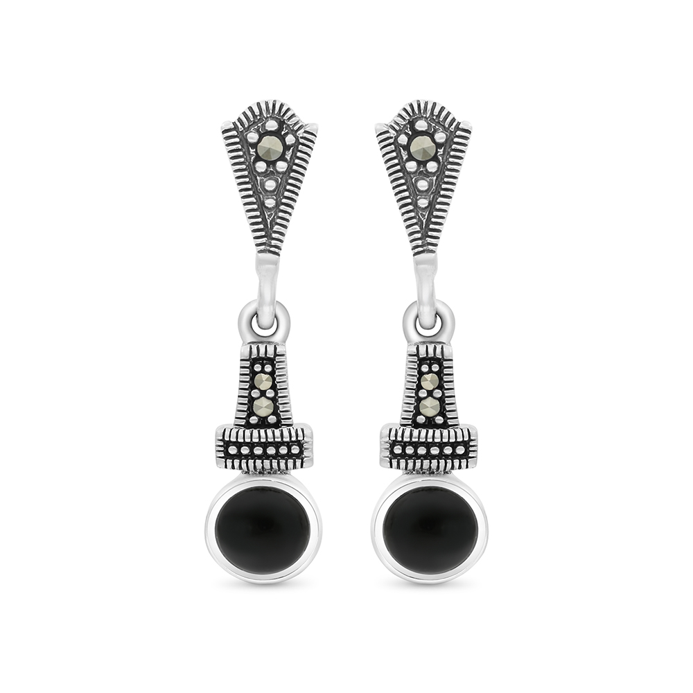 Sterling Silver 925 Earring Embedded With Natural Black Agate And Marcasite Stones