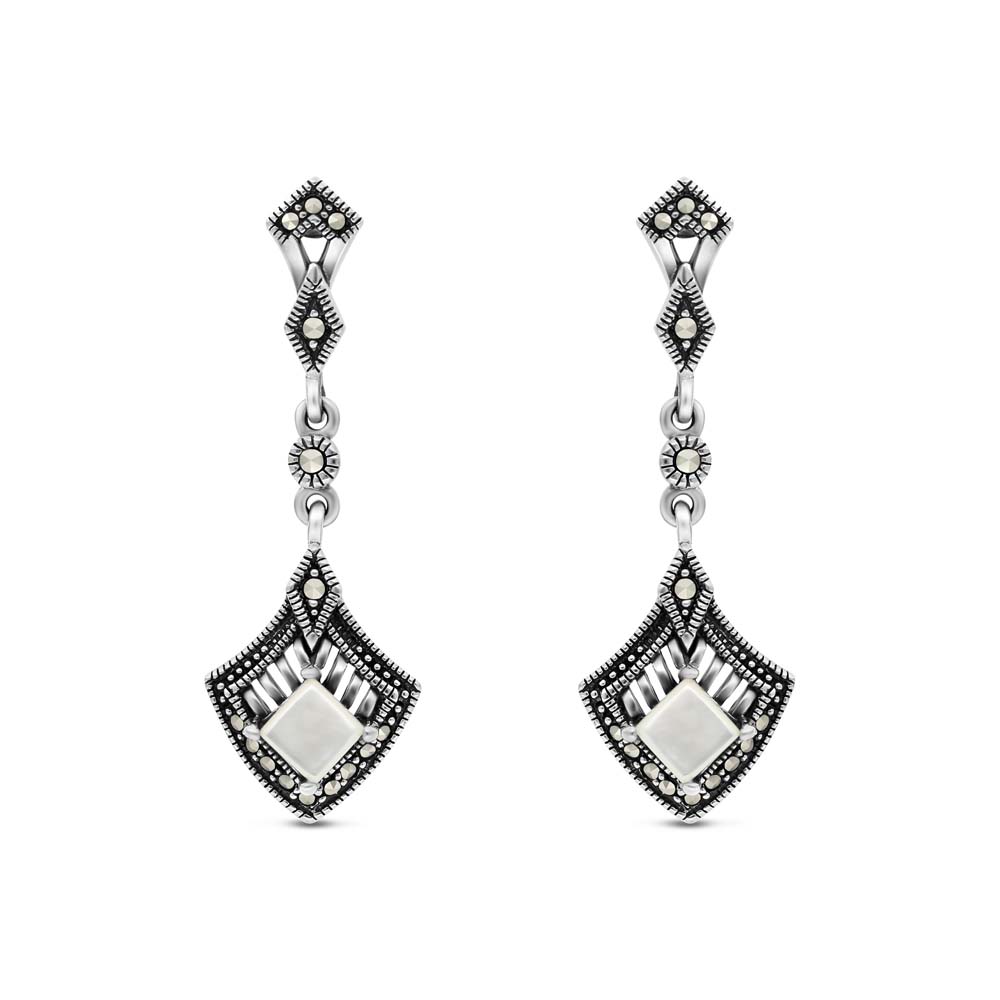 Sterling Silver 925 Earring Embedded With Natural White Shell And Marcasite Stones