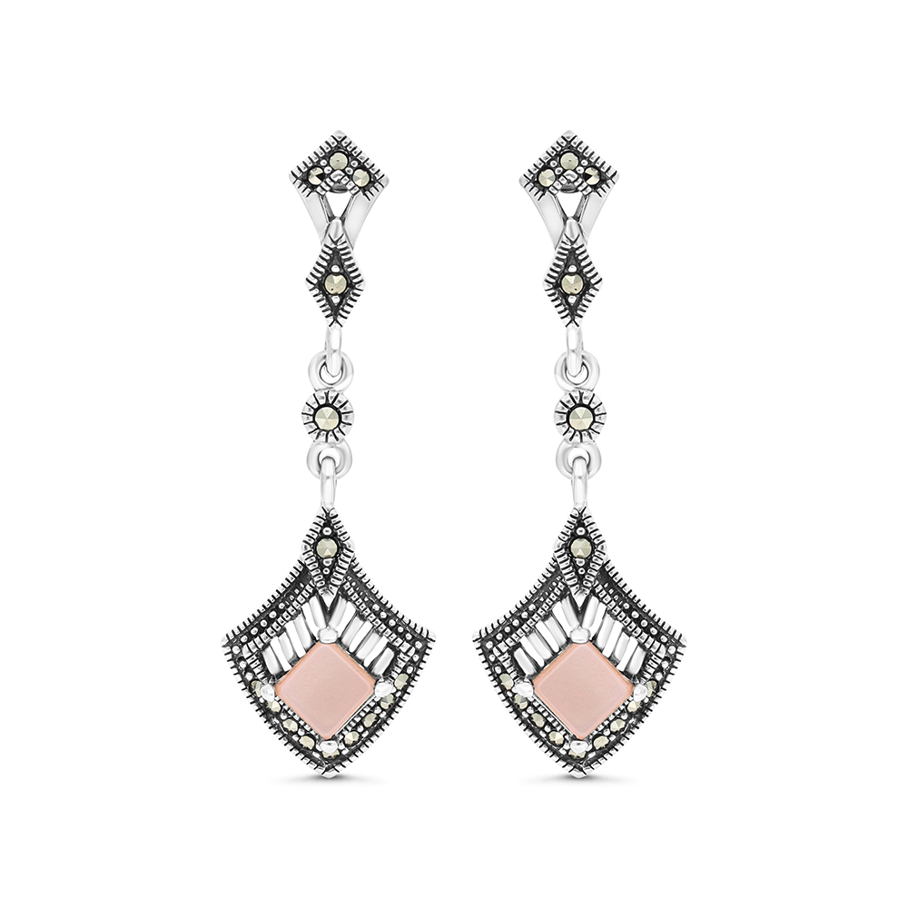 Sterling Silver 925 Earring Embedded With Natural Pink Shell And Marcasite Stones