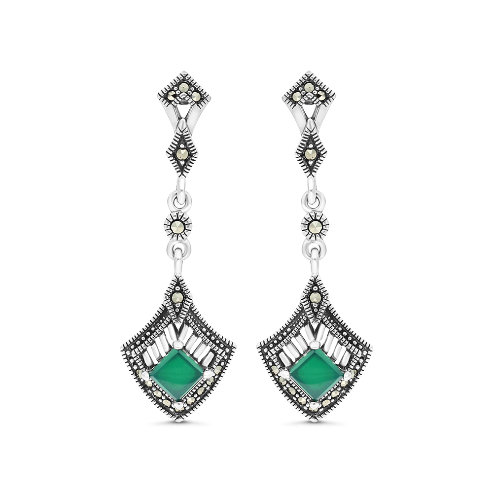 Sterling Silver 925 Earring Embedded With Natural Green Agate And Marcasite Stones