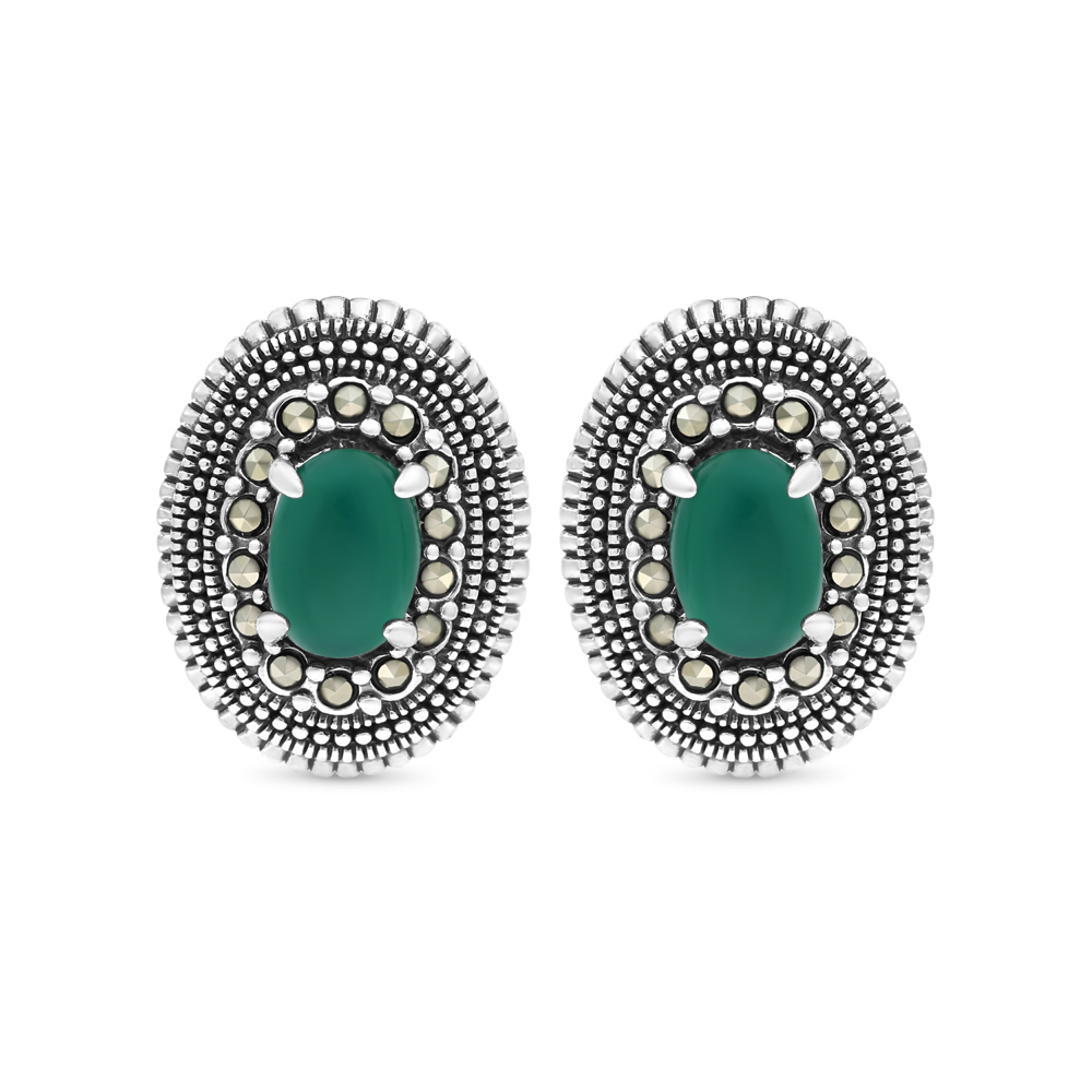 Sterling Silver 925 Earring Embedded With Natural Green Agate And Marcasite Stones