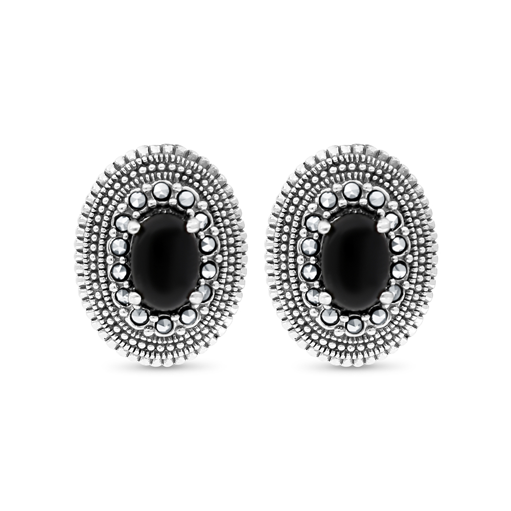 Sterling Silver 925 Earring Embedded With Natural Black Agate And Marcasite Stones