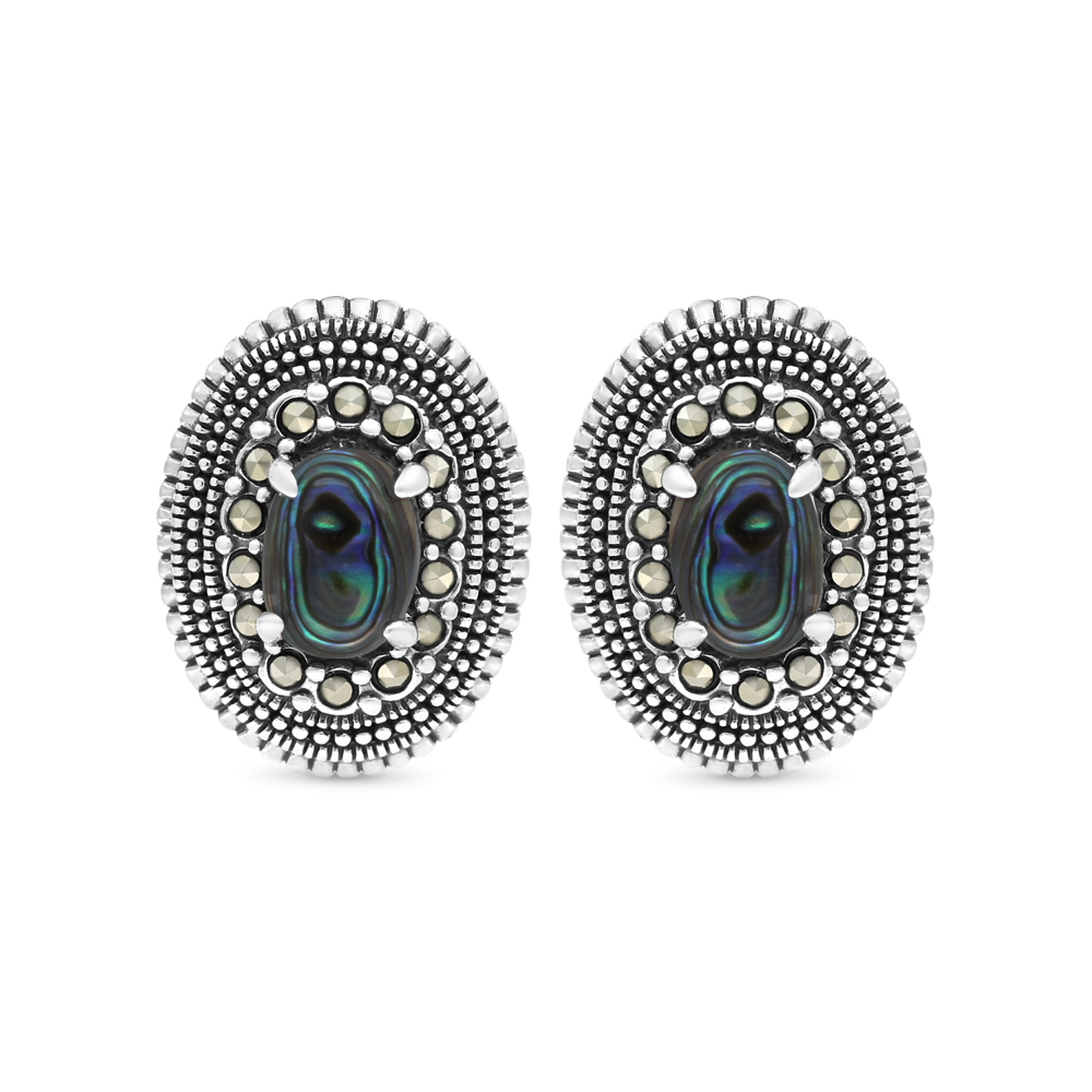 Sterling Silver 925 Earring Embedded With Natural Blue Shell And Marcasite Stones