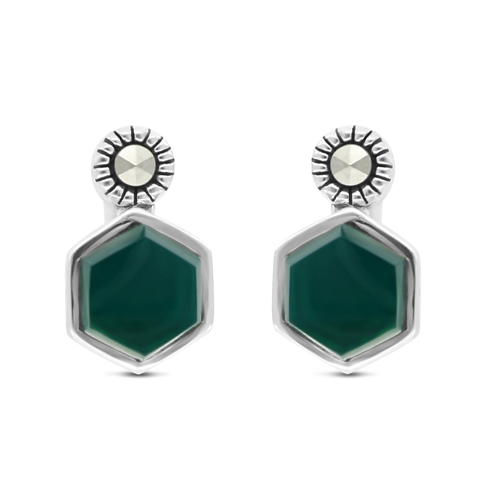 Sterling Silver 925 Earring Embedded With Natural Green Agate And Marcasite Stones