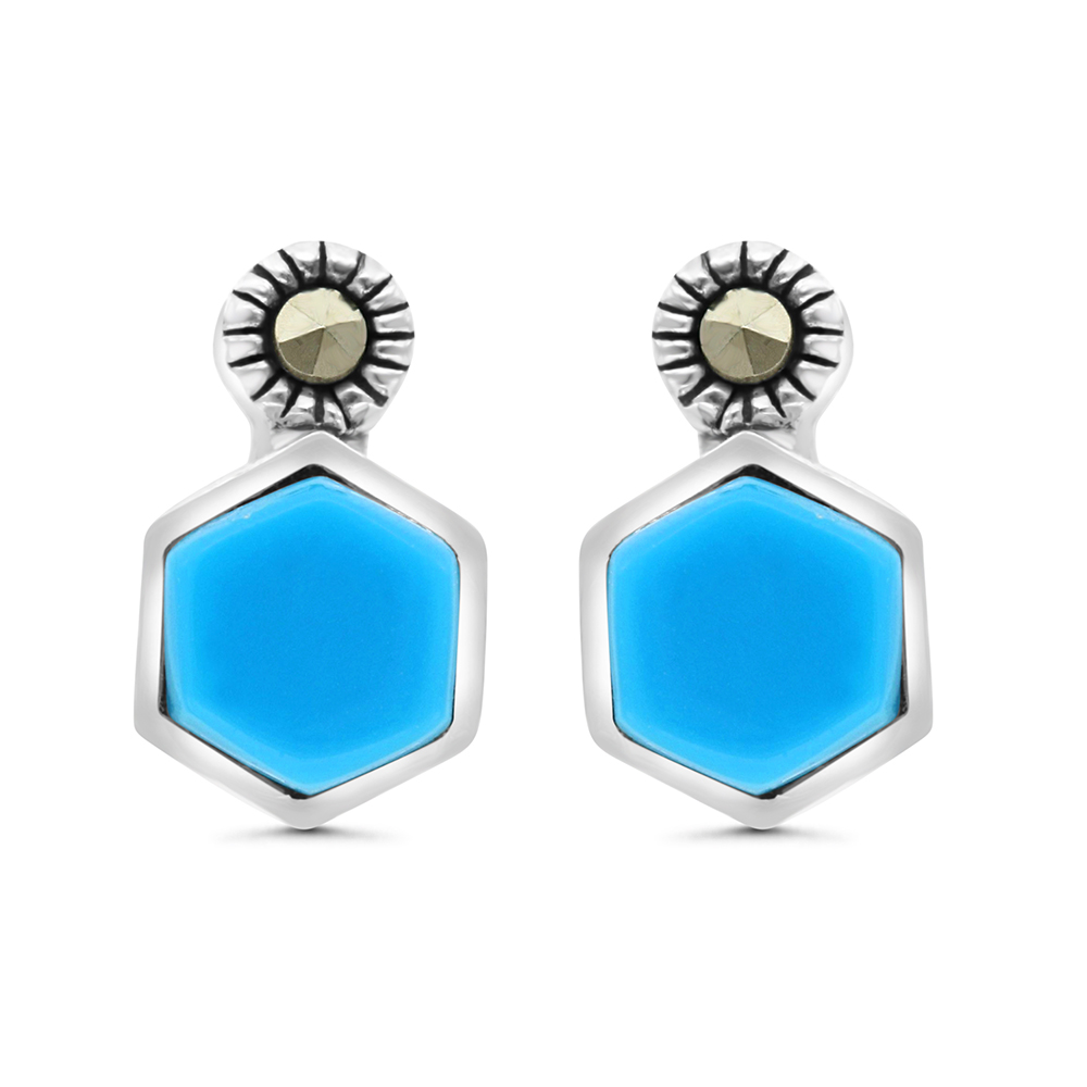 Sterling Silver 925 Earring Embedded With Natural Processed Turquoise And Marcasite Stones