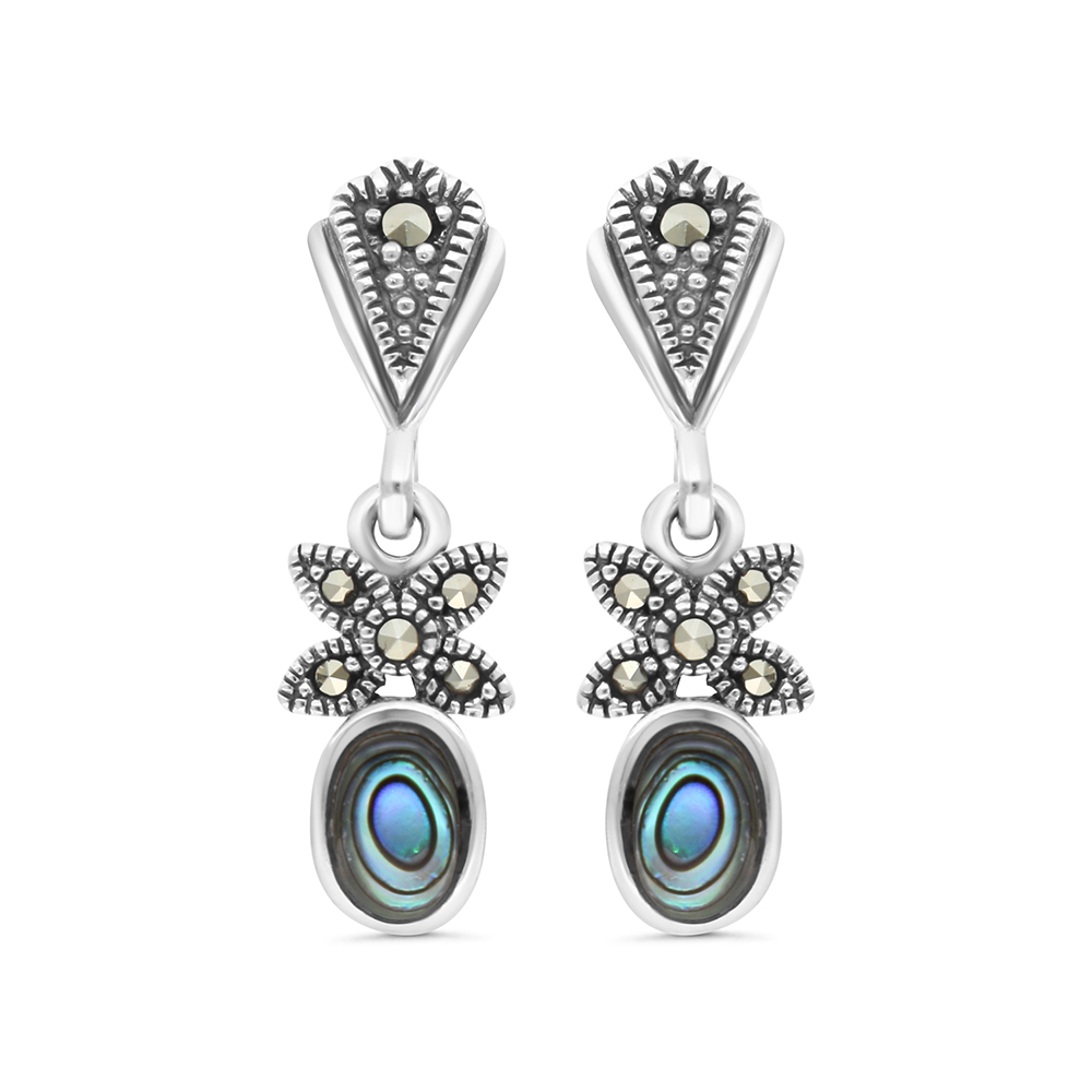 Sterling Silver 925 Earring Embedded With Natural Blue Shell And Marcasite Stones