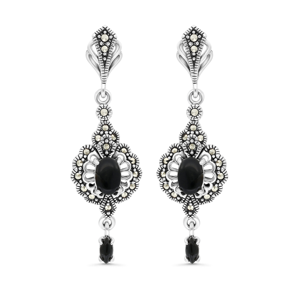 Sterling Silver 925 Earring Embedded With Natural Black Agate And Marcasite Stones