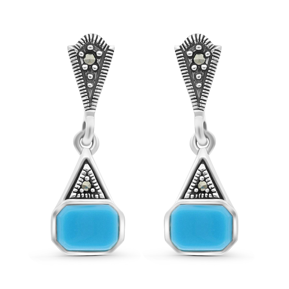 Sterling Silver 925 Earring Embedded With Natural Processed Turquoise And Marcasite Stones