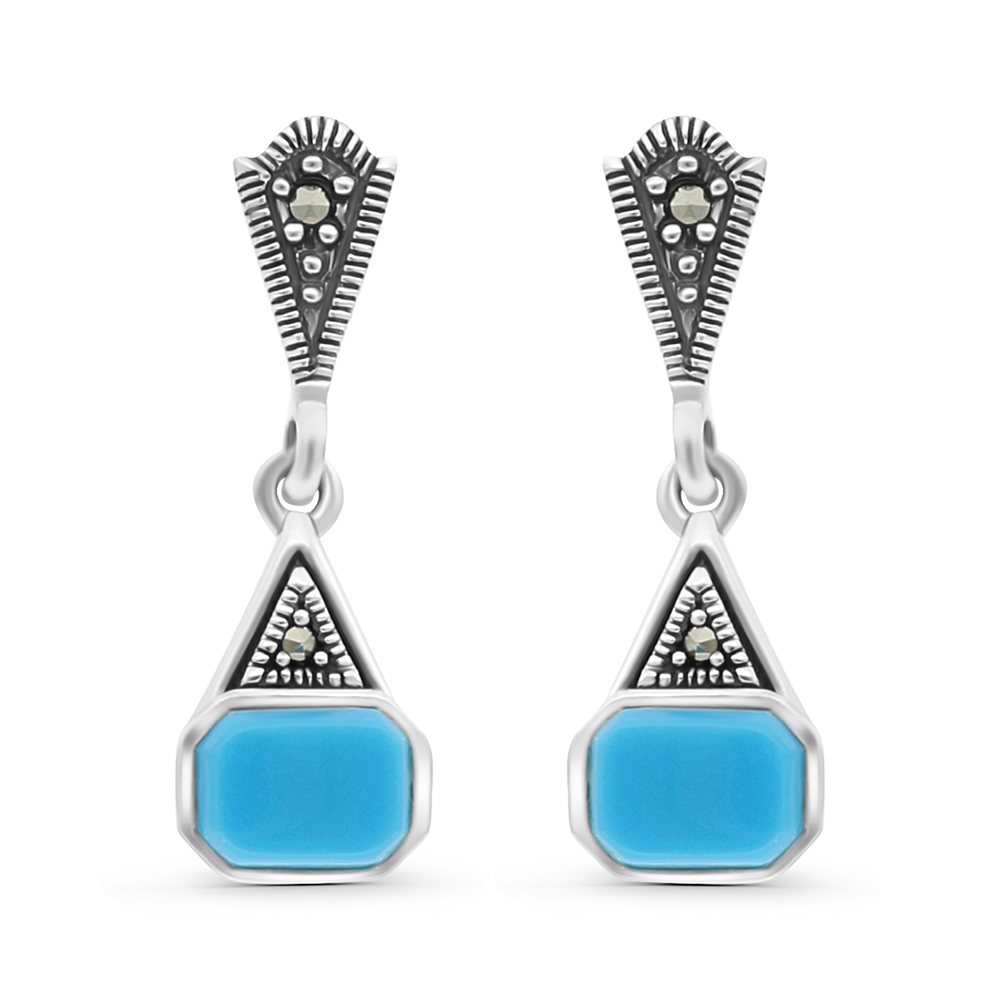 Sterling Silver 925 Earring Embedded With Natural Processed Turquoise And Marcasite Stones