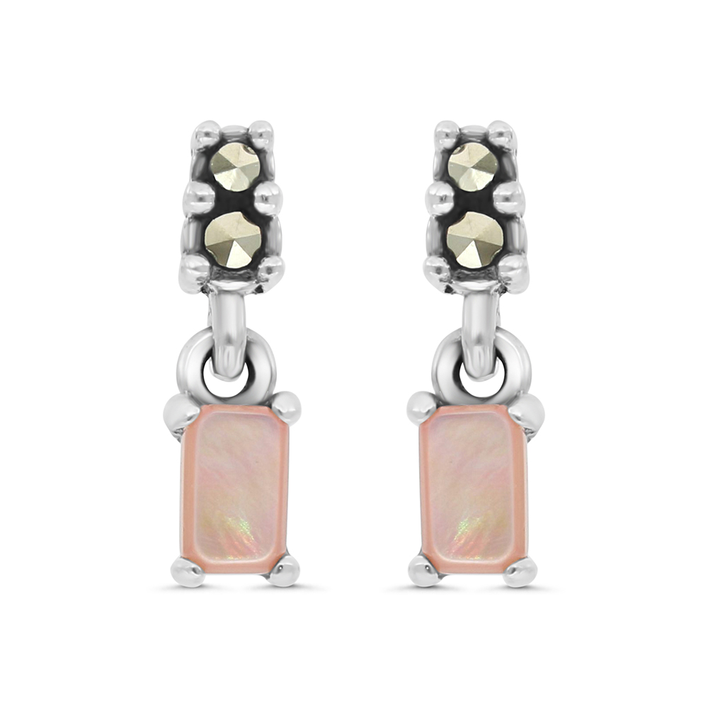 Sterling Silver 925 Earring Embedded With Natural Pink Shell And Marcasite Stones