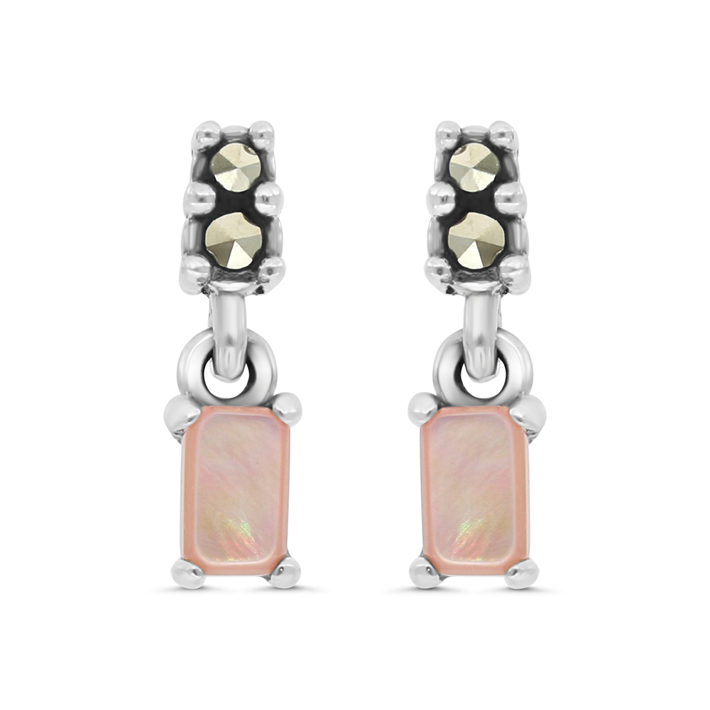 Sterling Silver 925 Earring Embedded With Natural Pink Shell And Marcasite Stones