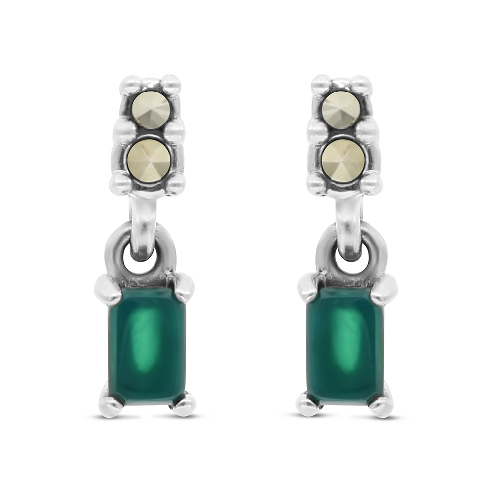 Sterling Silver 925 Earring Embedded With Natural Green Agate And Marcasite Stones