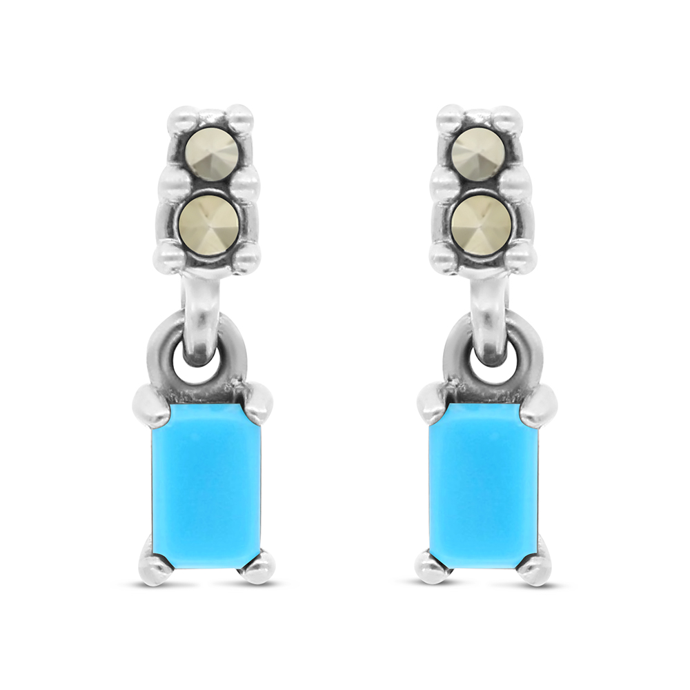 Sterling Silver 925 Earring Embedded With Natural Processed Turquoise And Marcasite Stones