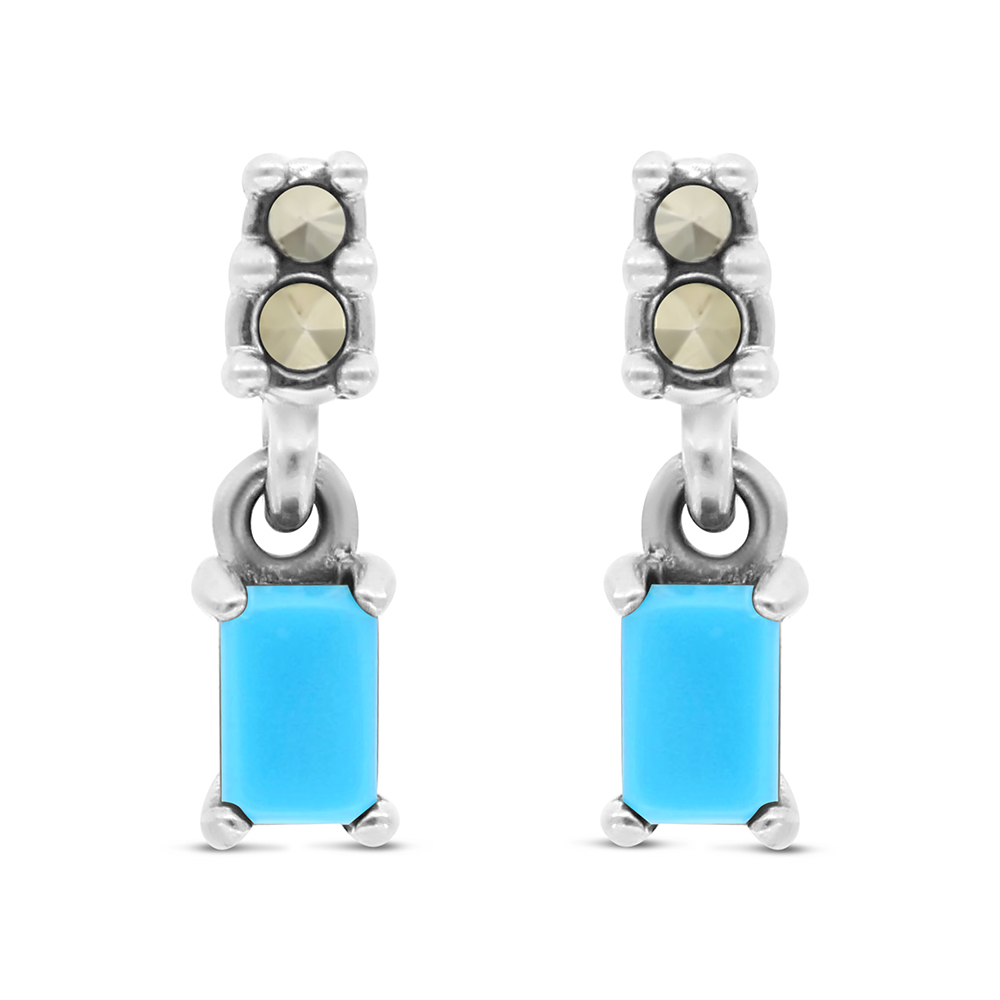 Sterling Silver 925 Earring Embedded With Natural Processed Turquoise And Marcasite Stones