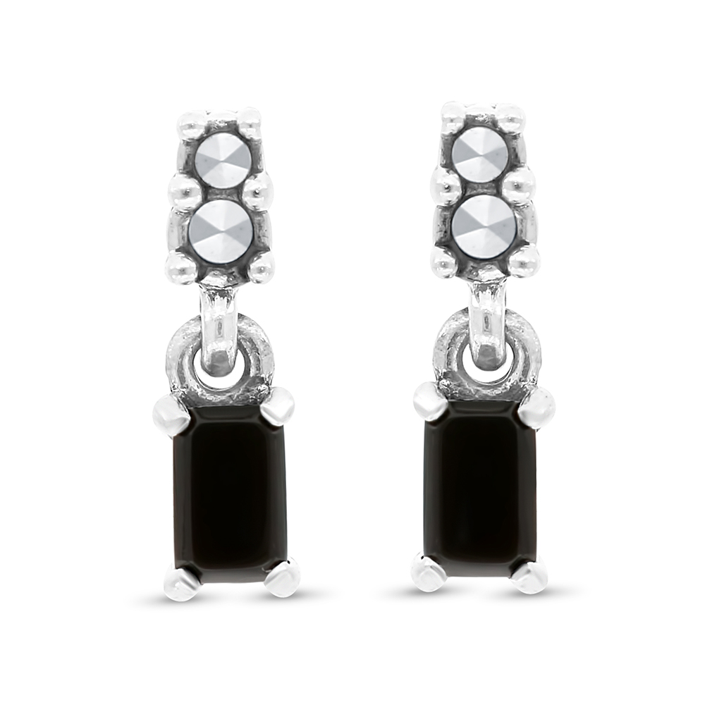 Sterling Silver 925 Earring Embedded With Natural Black Agate And Marcasite Stones