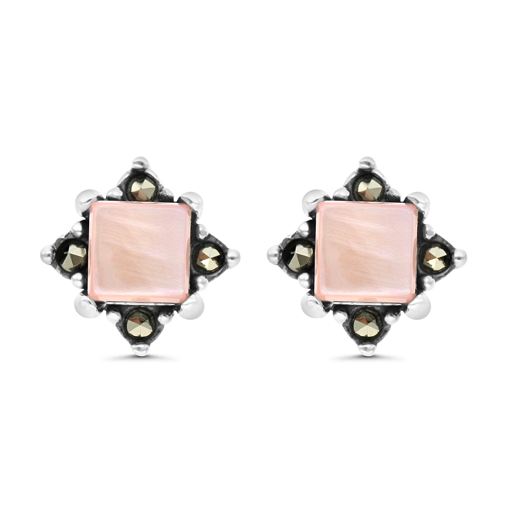 Sterling Silver 925 Earring Embedded With Natural Pink Shell And Marcasite Stones