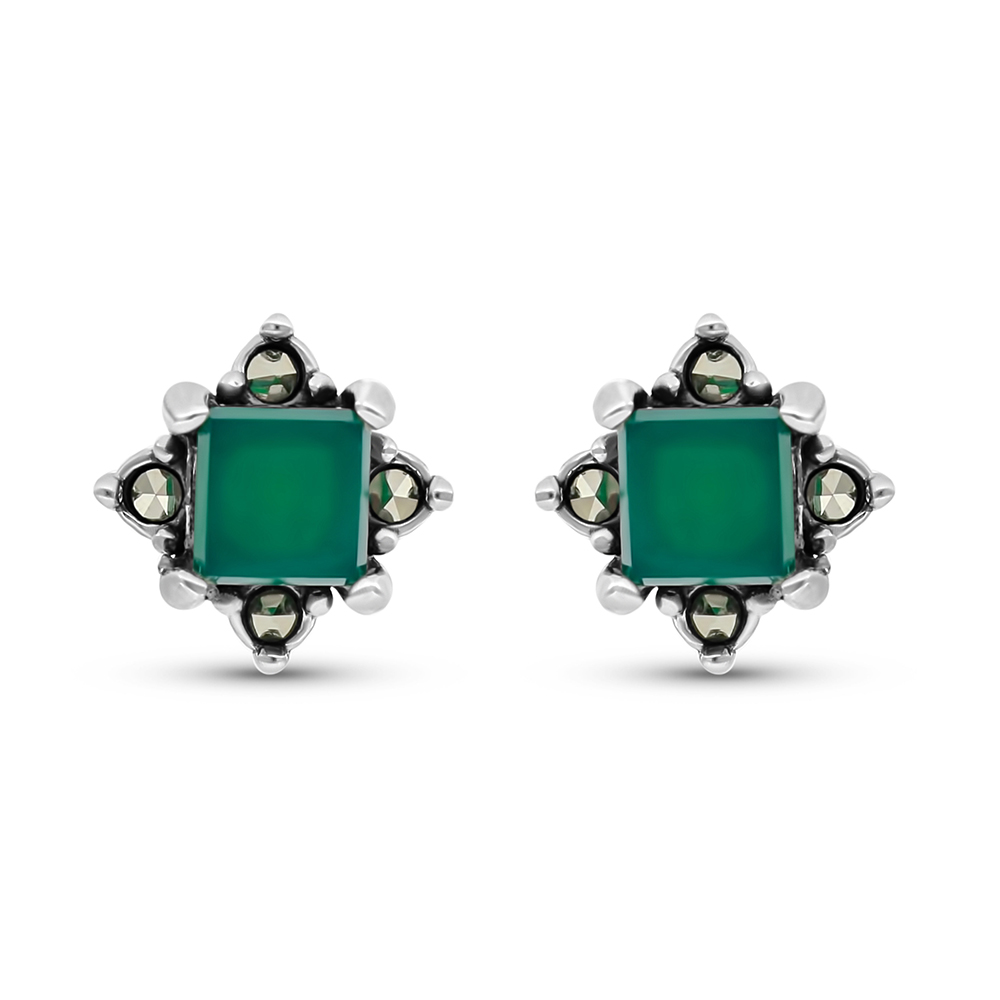 Sterling Silver 925 Earring Embedded With Natural Green Agate And Marcasite Stones