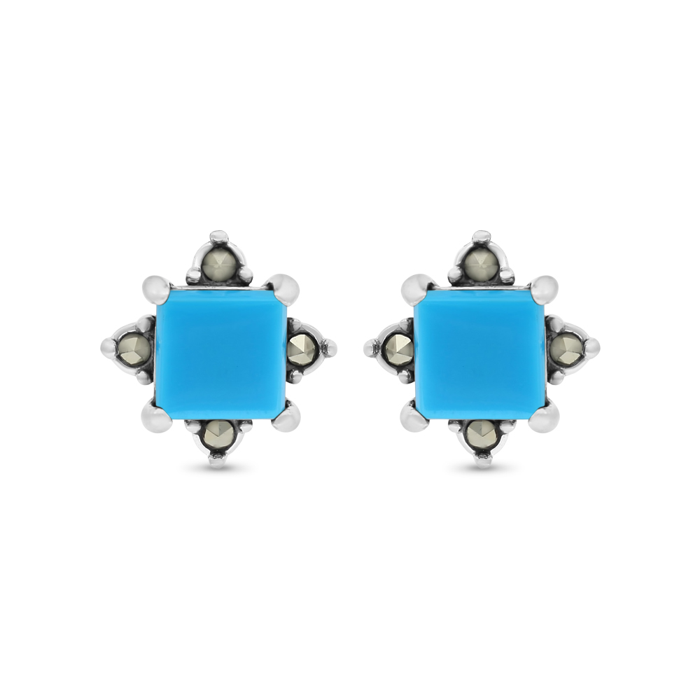 Sterling Silver 925 Earring Embedded With Natural Processed Turquoise And Marcasite Stones