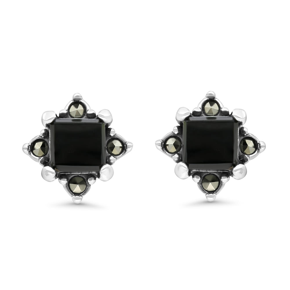 Sterling Silver 925 Earring Embedded With Natural Black Agate And Marcasite Stones