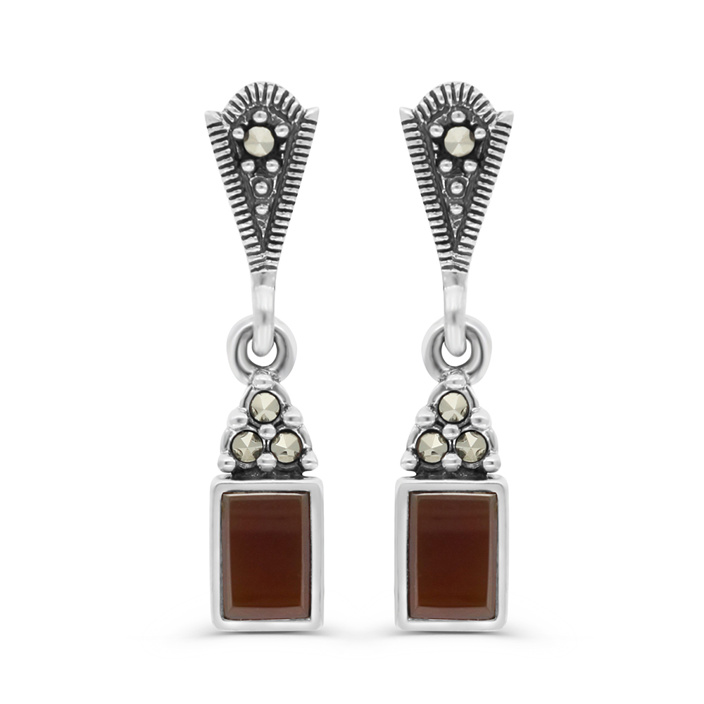 Sterling Silver 925 Earring Embedded With Natural Aqiq And Marcasite Stones