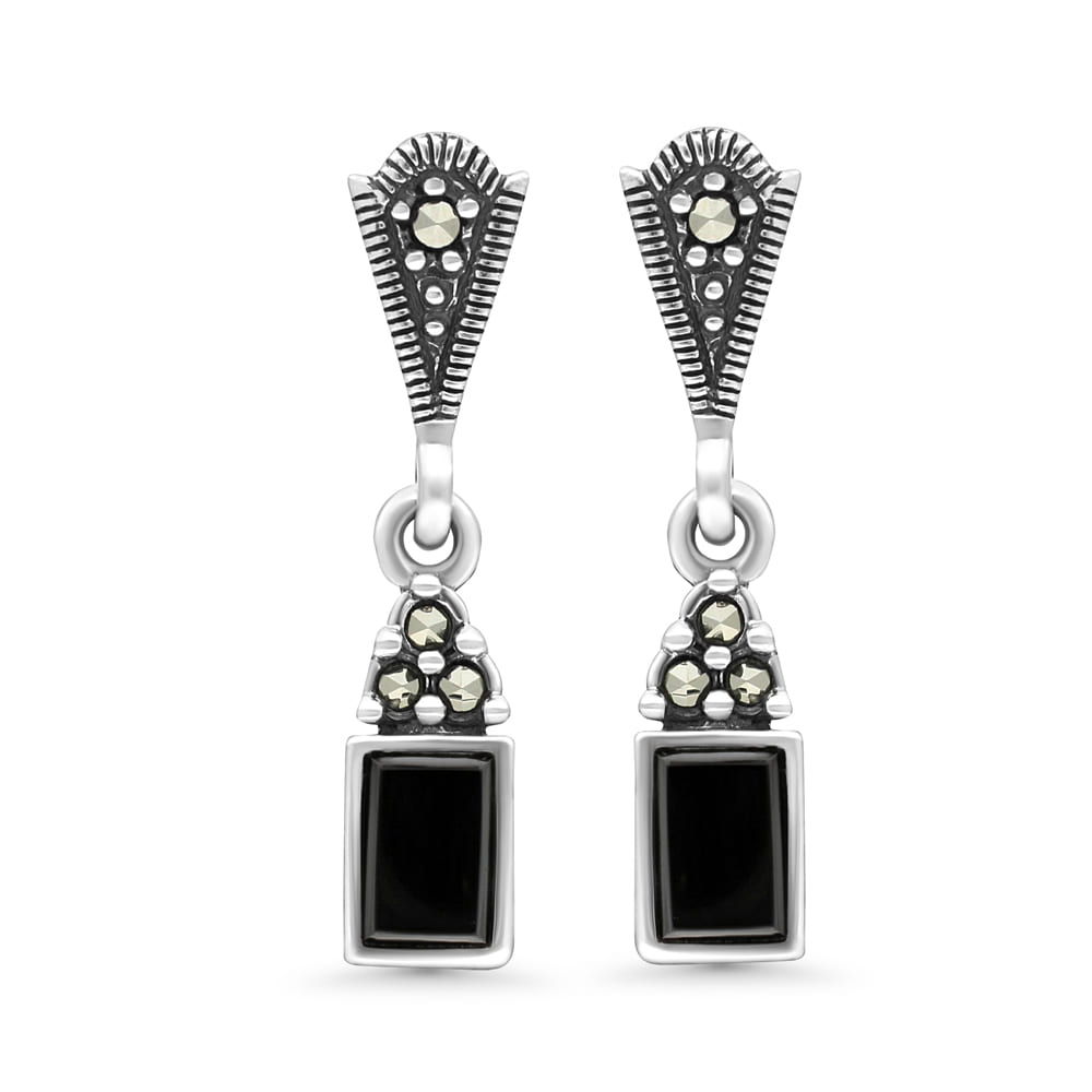 Sterling Silver 925 Earring Embedded With Natural Black Agate And Marcasite Stones