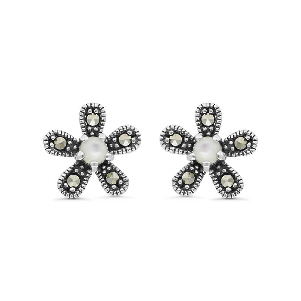 Sterling Silver 925 Earring Embedded With Natural White Shell And Marcasite Stones