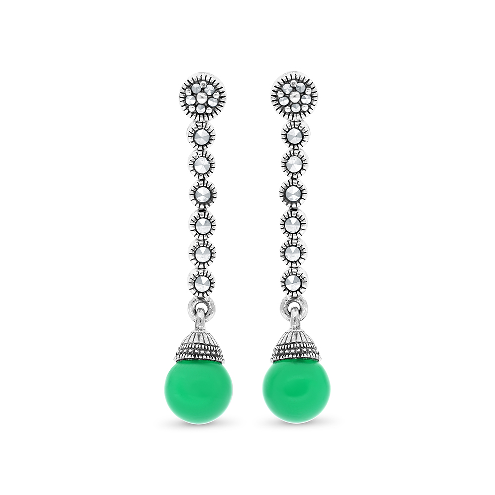 Sterling Silver 925 Earring Embedded With Natural Green Agate And Marcasite Stones