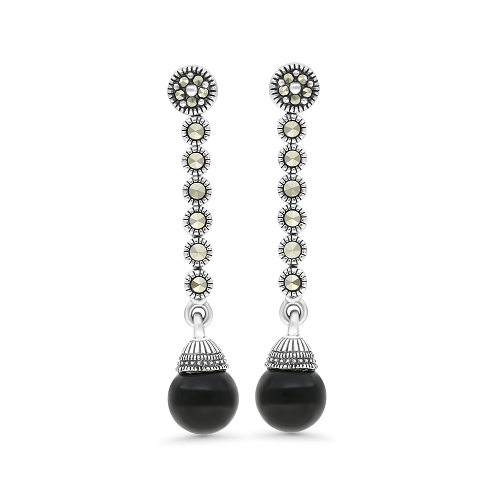 Sterling Silver 925 Earring Embedded With Natural Black Agate And Marcasite Stones