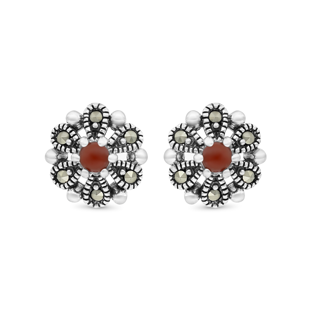 Sterling Silver 925 Earring Embedded With Natural Aqiq And Marcasite Stones