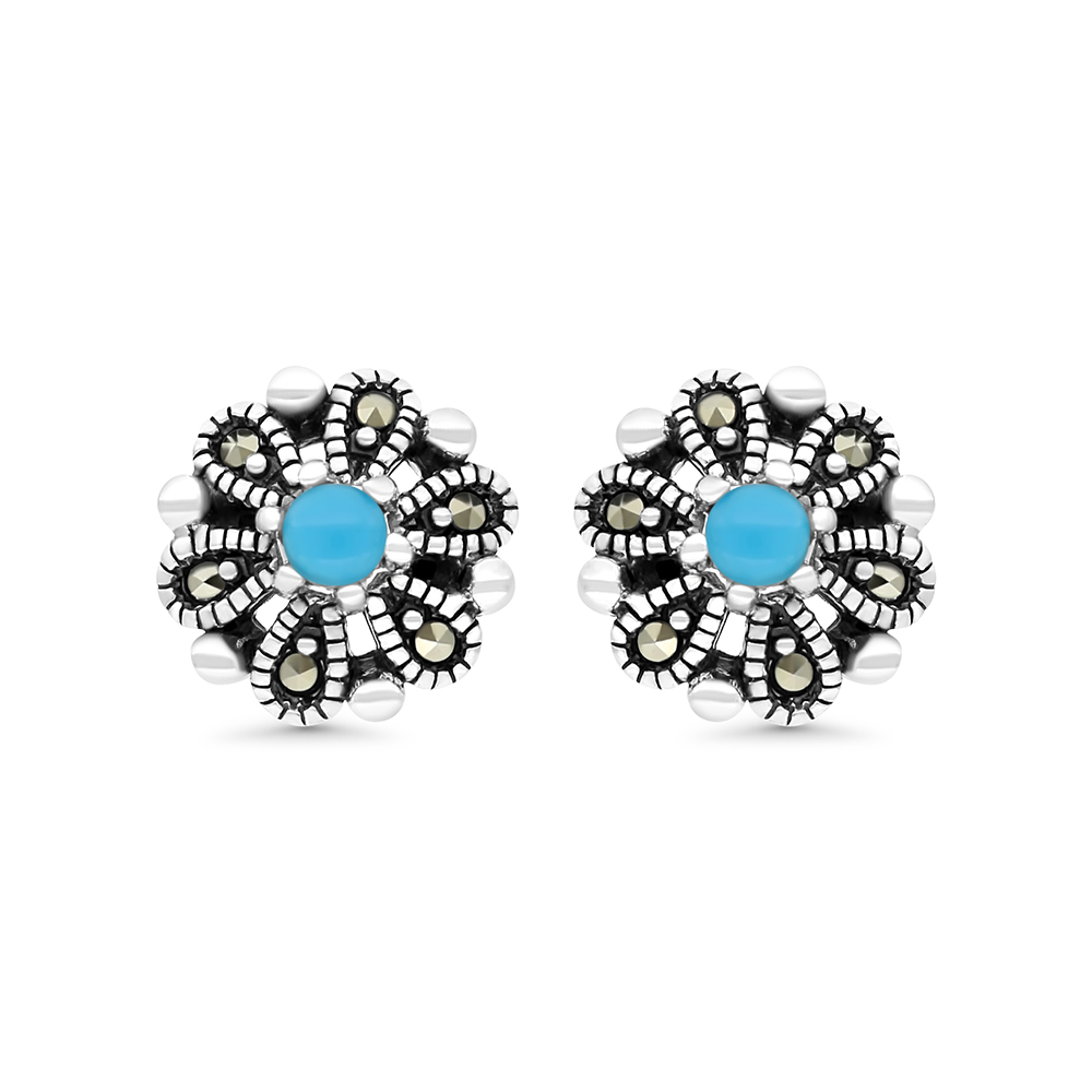 Sterling Silver 925 Earring Embedded With Natural Processed Turquoise And Marcasite Stones