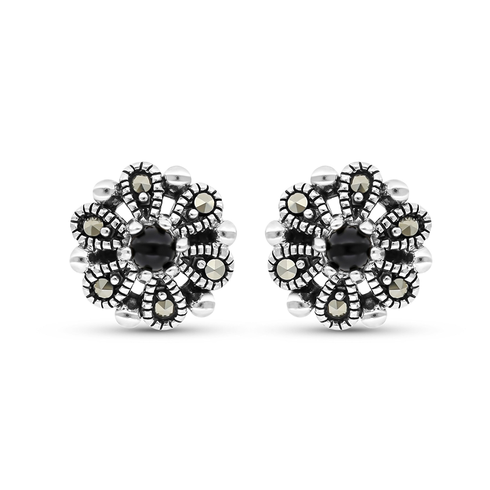 Sterling Silver 925 Earring Embedded With Natural Black Agate And Marcasite Stones