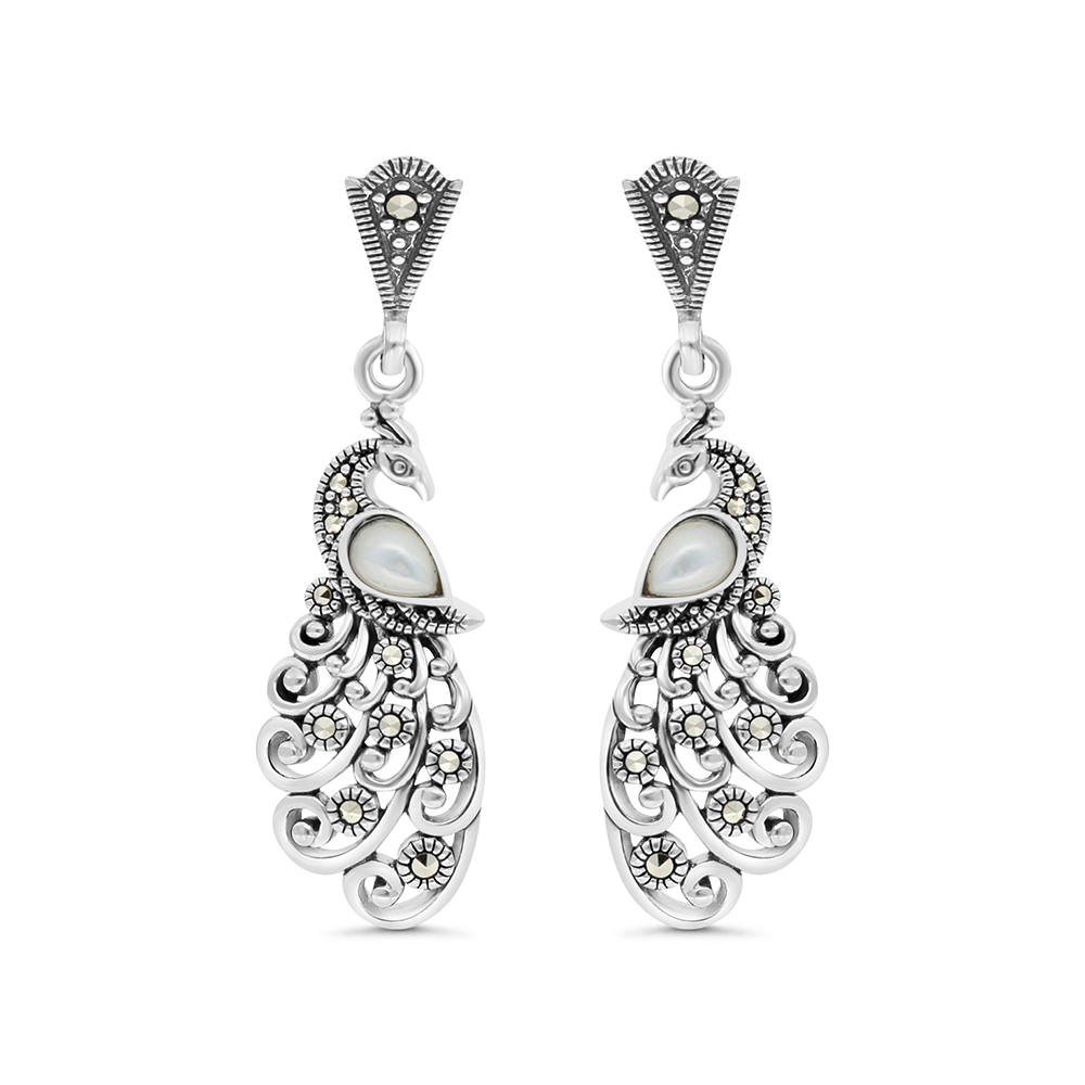 Sterling Silver 925 Earring Embedded With Natural White Shell And Marcasite Stones