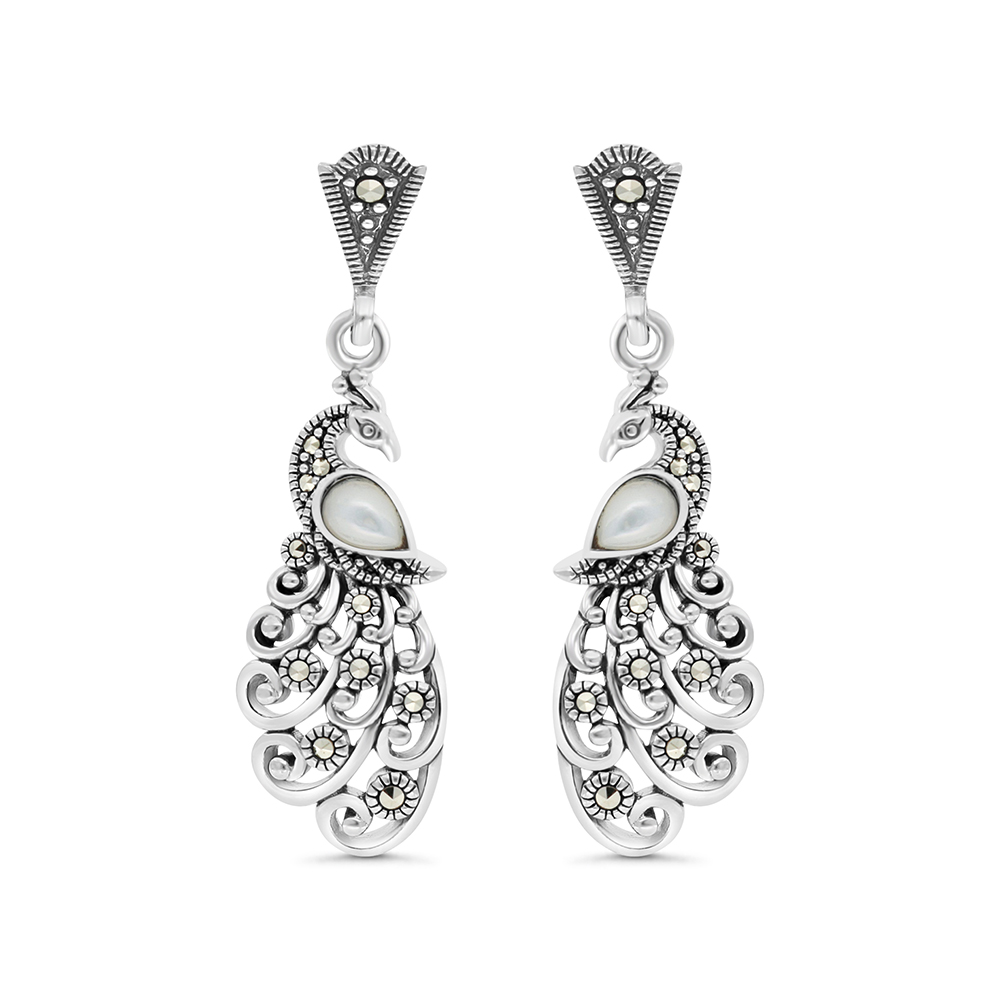 Sterling Silver 925 Earring Embedded With Natural White Shell And Marcasite Stones