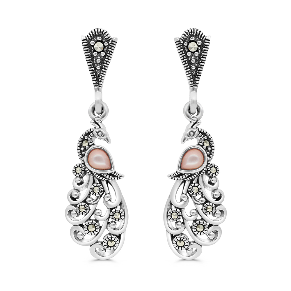 Sterling Silver 925 Earring Embedded With Natural Pink Shell And Marcasite Stones