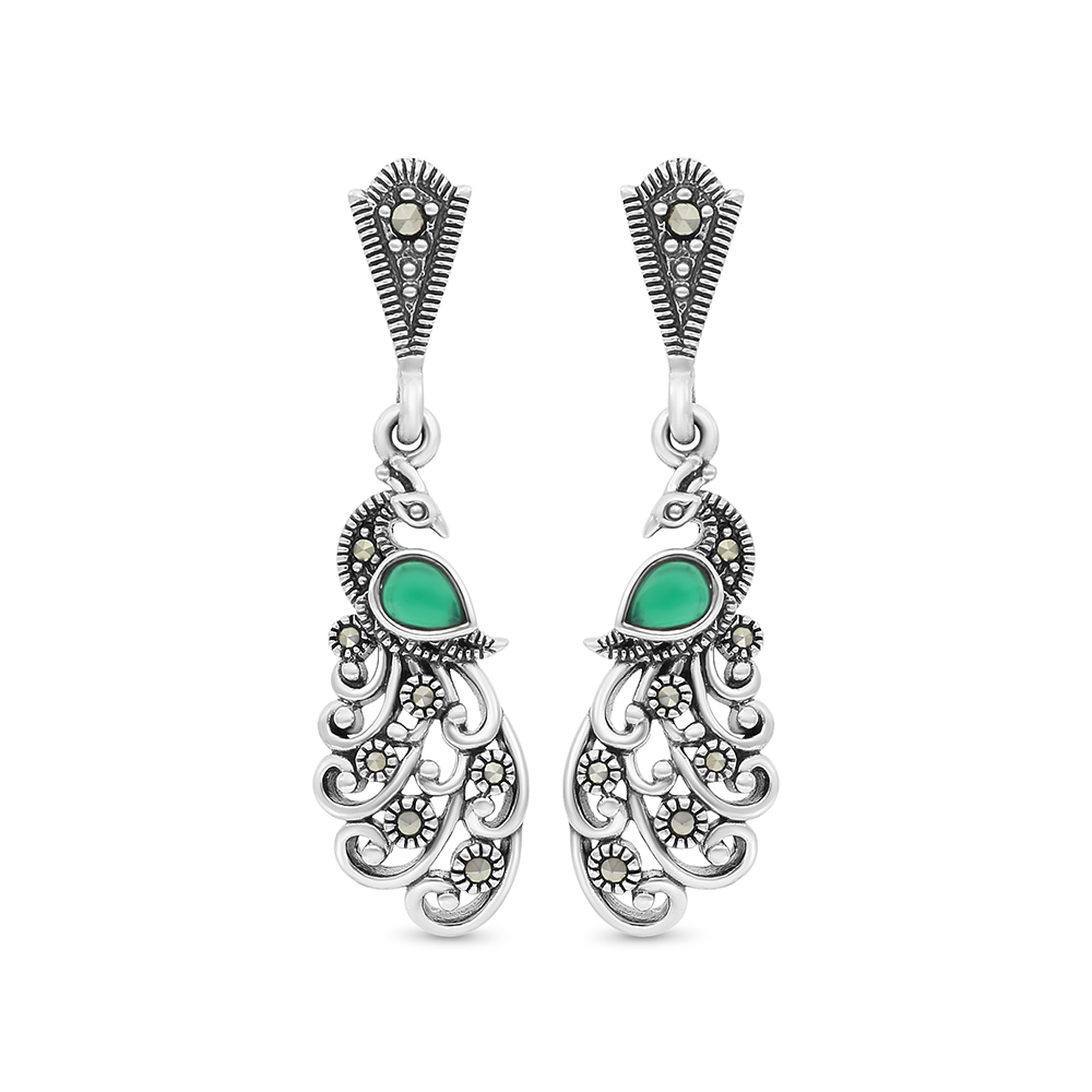 Sterling Silver 925 Earring Embedded With Natural Green Agate And Marcasite Stones