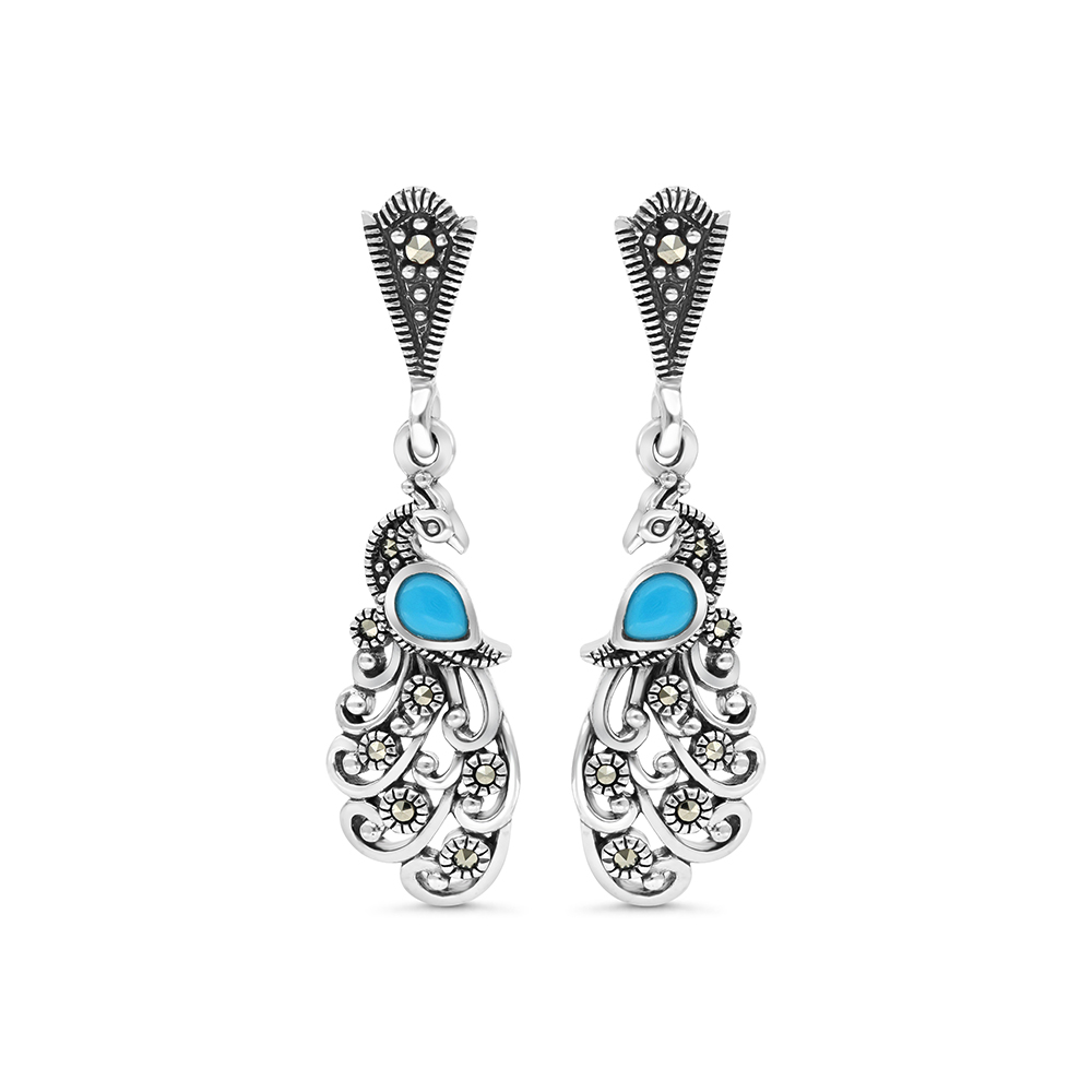 Sterling Silver 925 Earring Embedded With Natural Processed Turquoise And Marcasite Stones