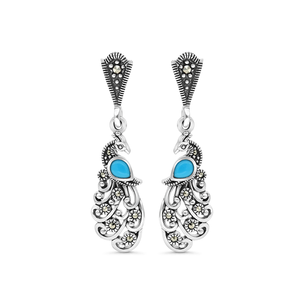 Sterling Silver 925 Earring Embedded With Natural Processed Turquoise And Marcasite Stones