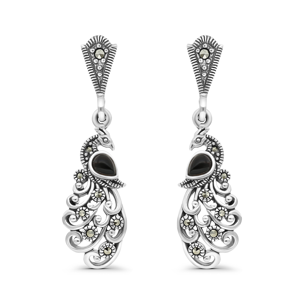 Sterling Silver 925 Earring Embedded With Natural Black Agate And Marcasite Stones