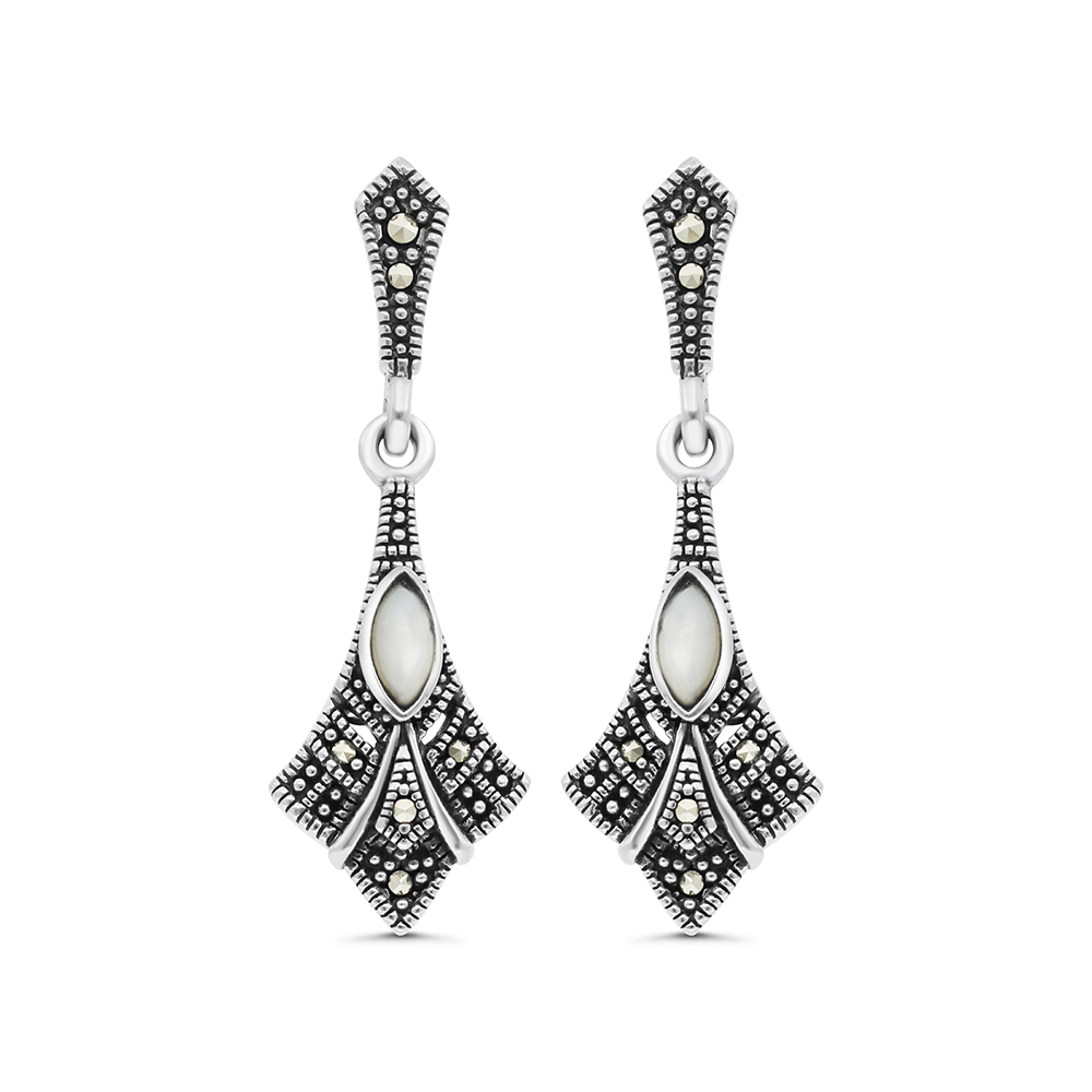 Sterling Silver 925 Earring Embedded With Natural White Shell And Marcasite Stones