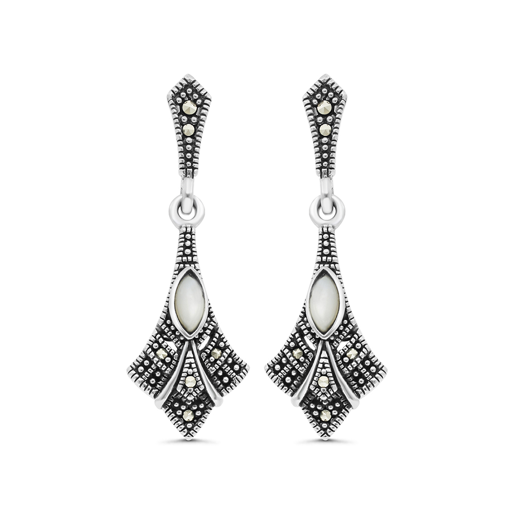 Sterling Silver 925 Earring Embedded With Natural White Shell And Marcasite Stones