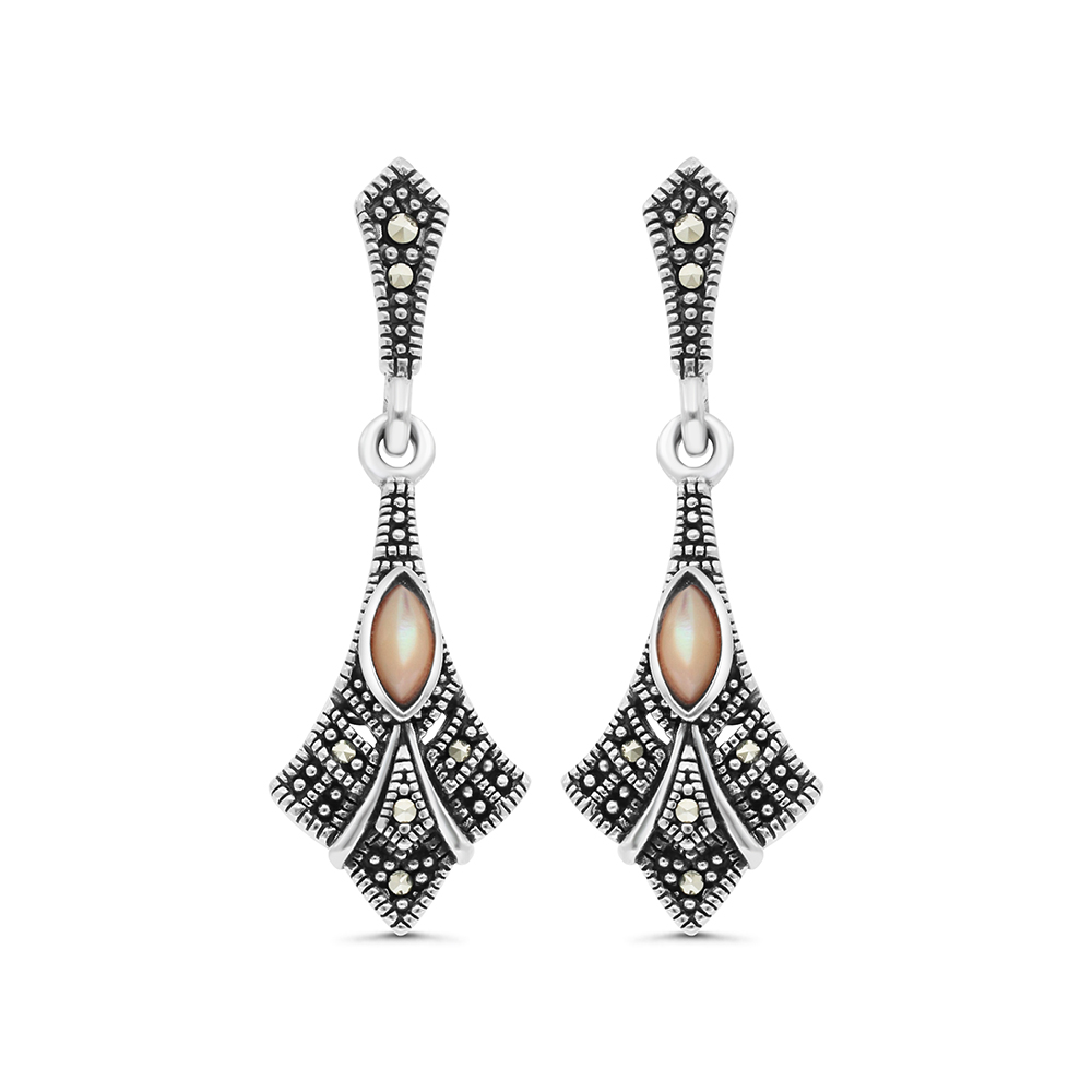 Sterling Silver 925 Earring Embedded With Natural Pink Shell And Marcasite Stones