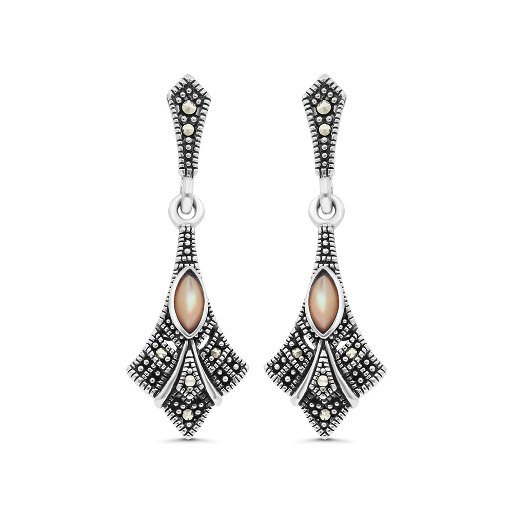 Sterling Silver 925 Earring Embedded With Natural Pink Shell And Marcasite Stones