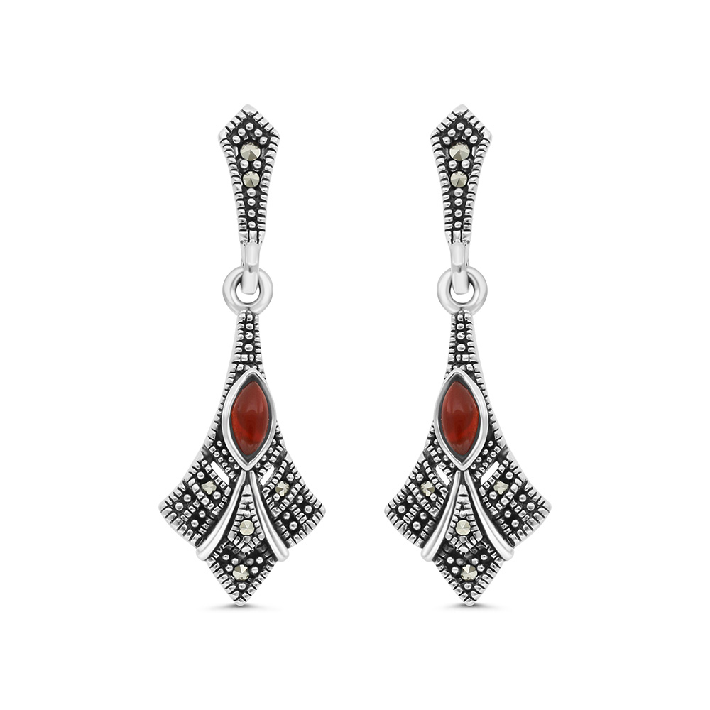 Sterling Silver 925 Earring Embedded With Natural Aqiq And Marcasite Stones