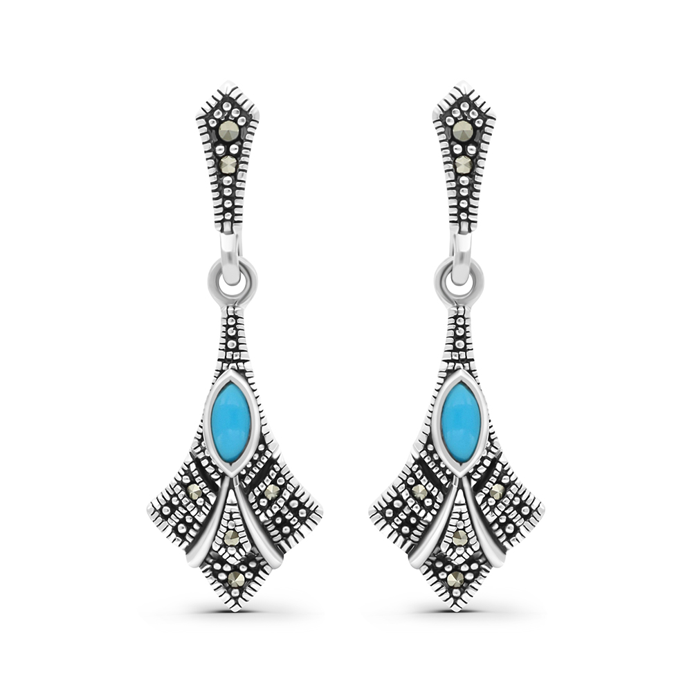 Sterling Silver 925 Earring Embedded With Natural Processed Turquoise And Marcasite Stones