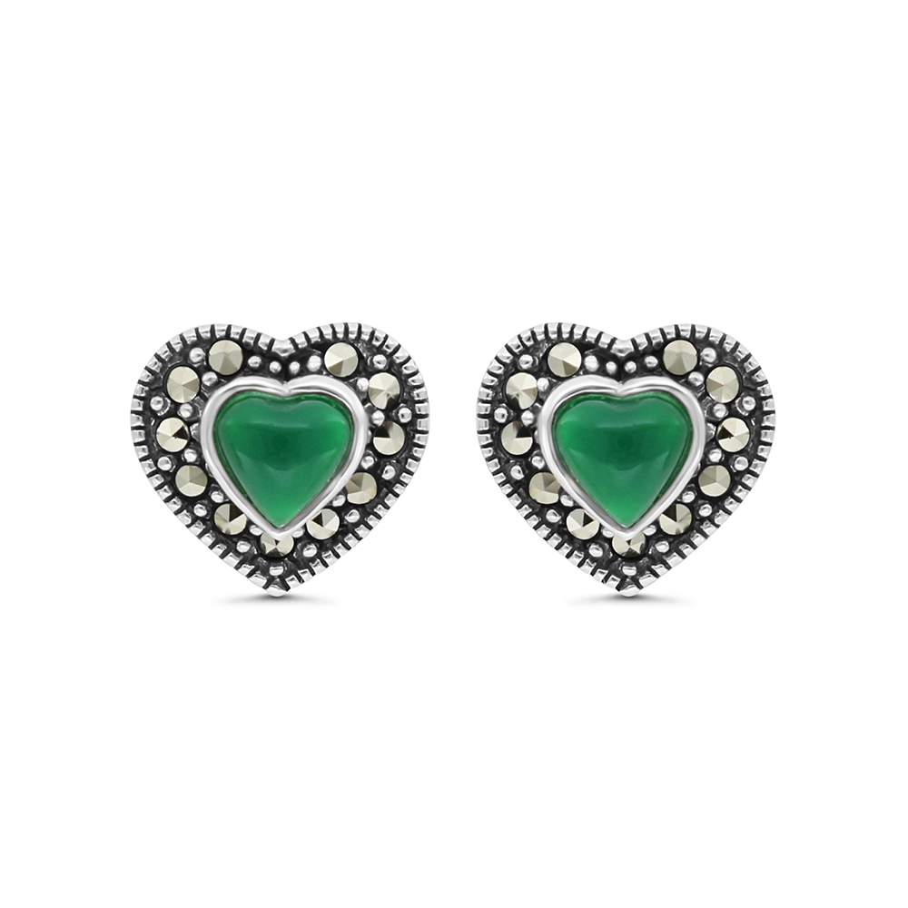 Sterling Silver 925 Earring Embedded With Natural Green Agate And Marcasite Stones