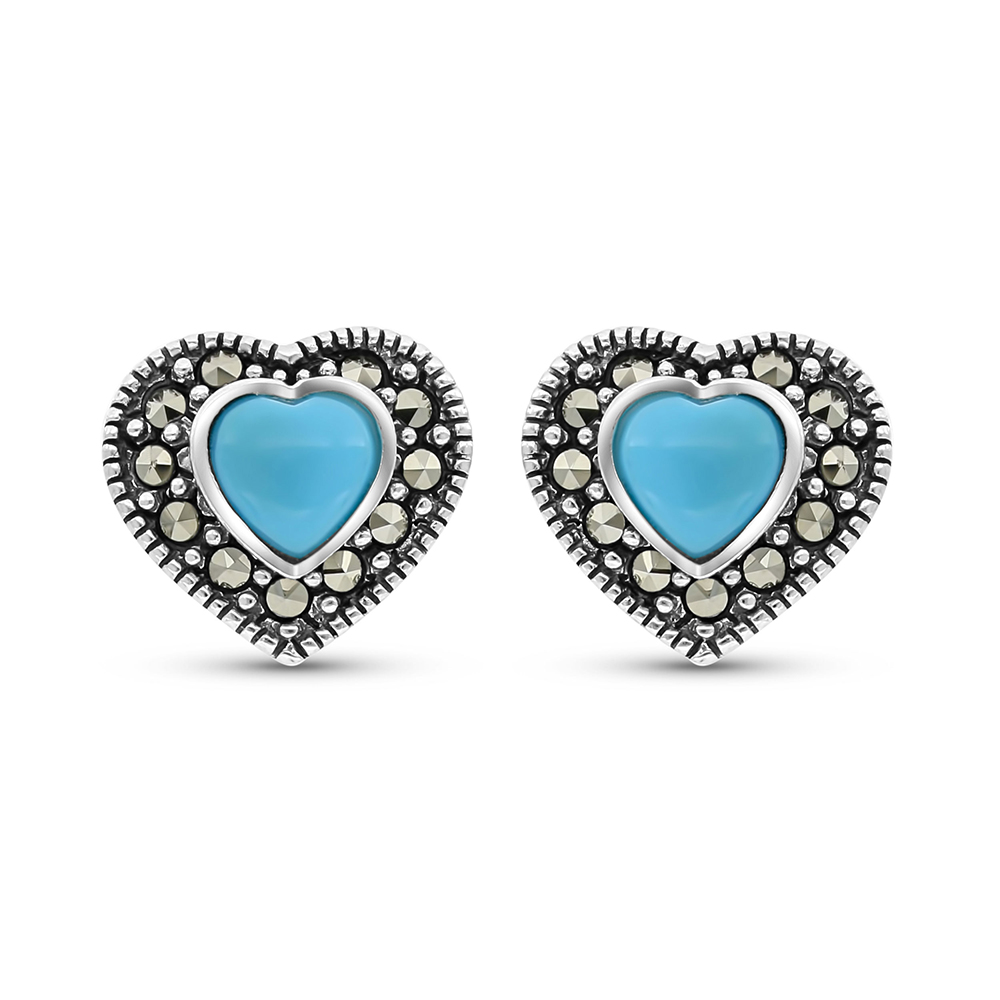 Sterling Silver 925 Earring Embedded With Natural Processed Turquoise And Marcasite Stones