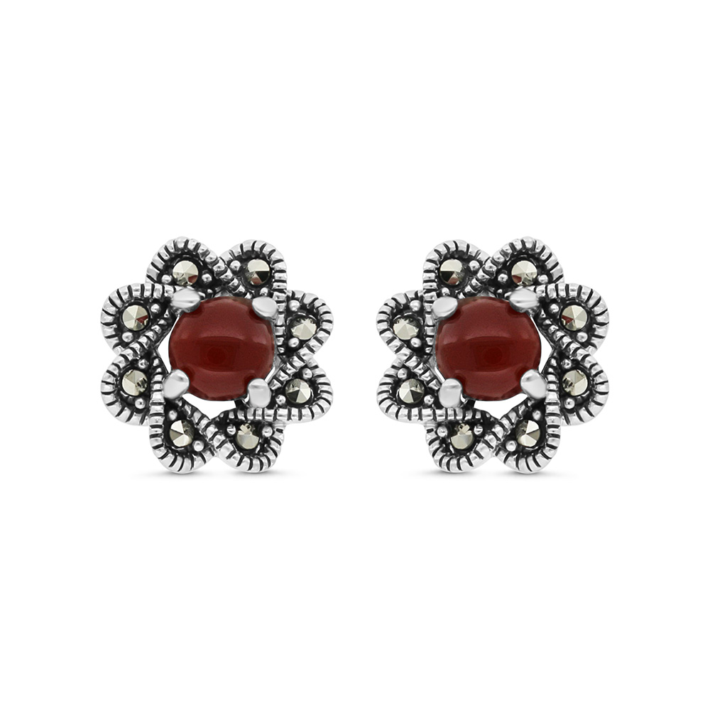 Sterling Silver 925 Earring Embedded With Natural Aqiq And Marcasite Stones