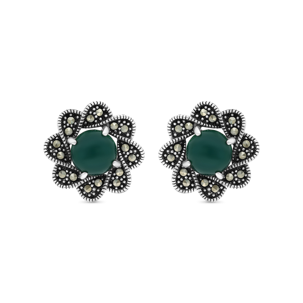Sterling Silver 925 Earring Embedded With Natural Green Agate And Marcasite Stones